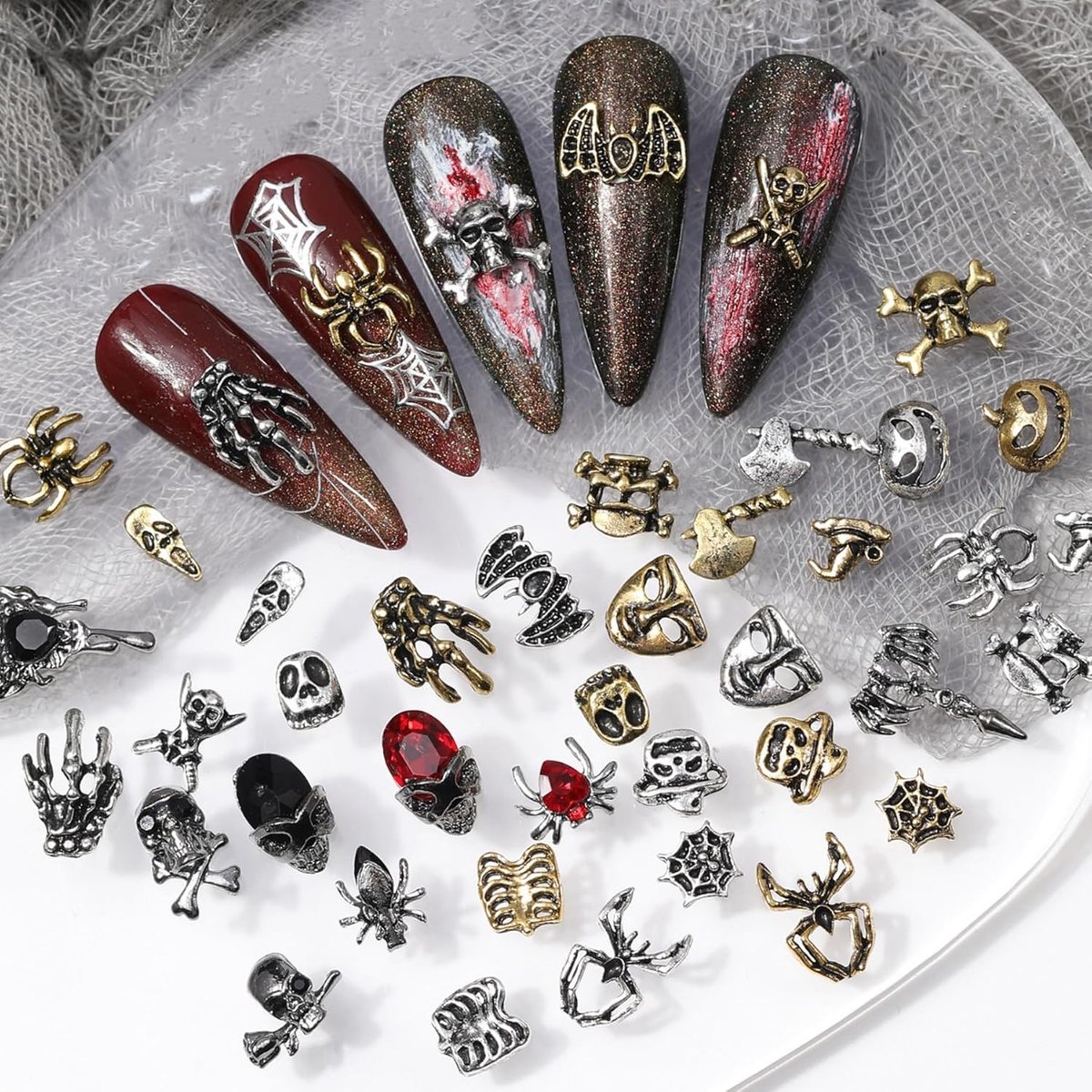 nagelbedels, 75 stuks doodshoofd, spinnen, nageledelstenen met strassteentjes, retro skelet, spinnenhand, pompoen, spinnenweb, goud, zilver, legering, nagelkunst-sieraden, decoratie voor