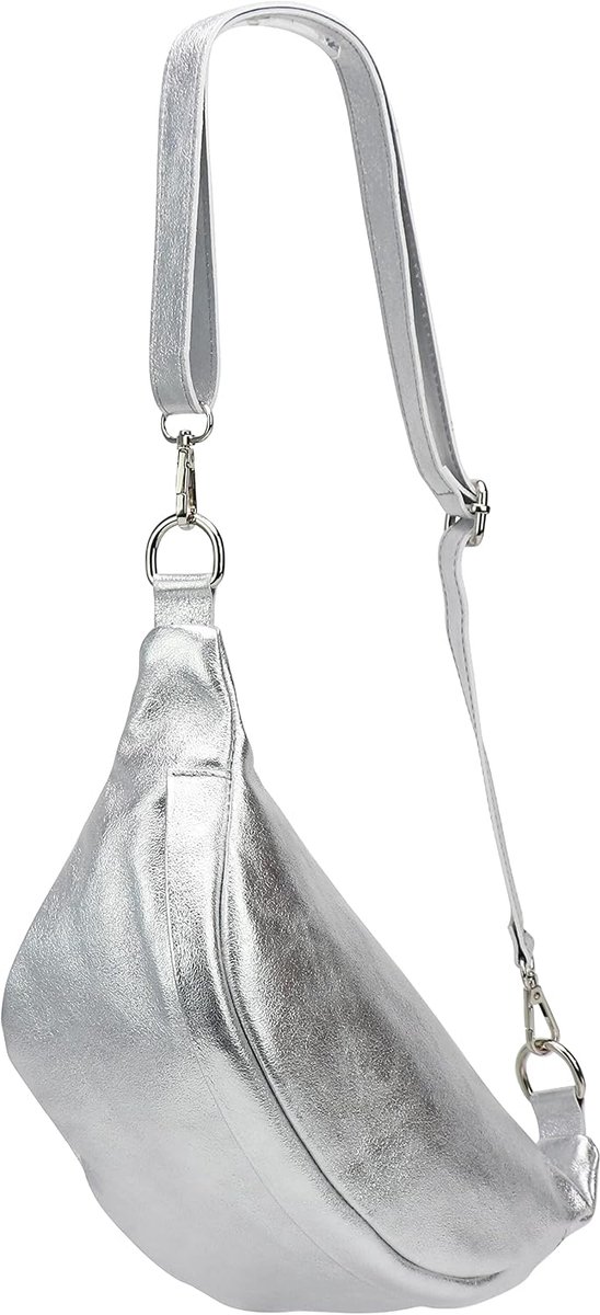 Leder ® Marie G528 Heuptas van echt leer, uniseks, voor festivals, reizen, middelgrote crossbody tas, 32 x 17 cm, zilver, Medium