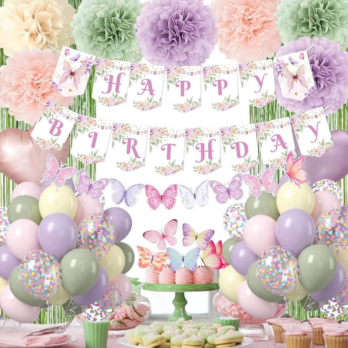 Ballonnen, Happy Birthday-decoratie, vlaggetjesslinger Happy Birthday, papieren pompon, ballonnen voor verjaardag voor decoratieve vlinders