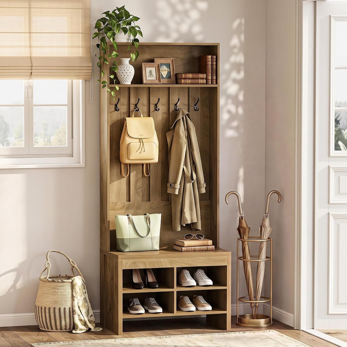 Tribesigns Kledingkast met Bankje en Schoenenrek - 4-in-1 Halmeubel met 5 haken, Bankje, Schoenenrek en Plank - 80 x 35 x 180 cm - Natuurlijk Eikenhout