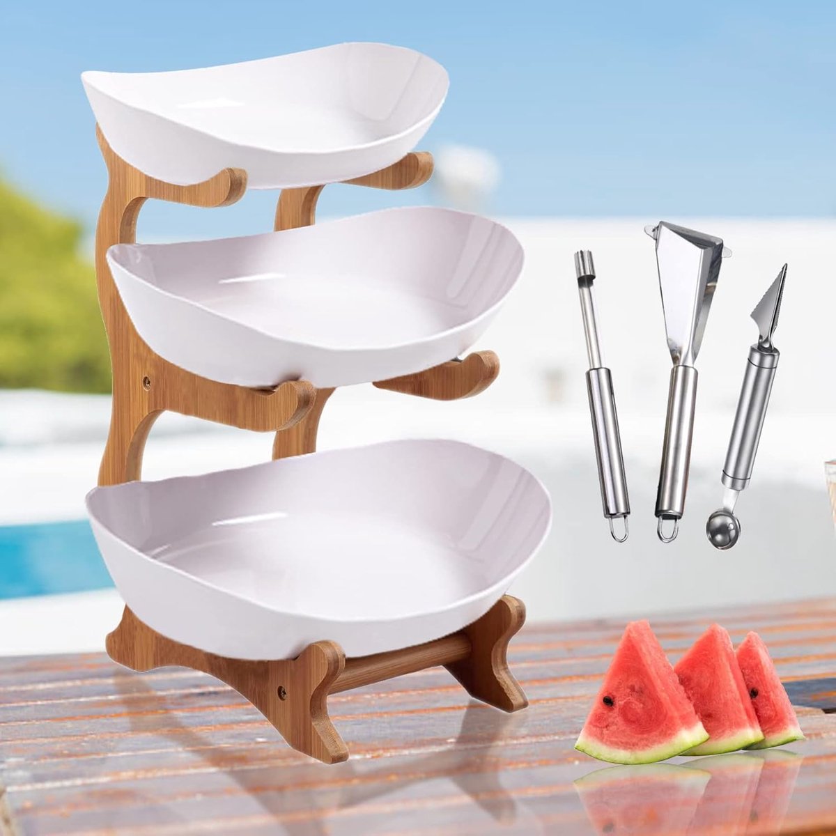 fruitschaal met 3 verdiepingen met bamboehouten standaard voor aanrecht, porseleinen fruitmand voor het bewaren van groenten, snack, dessert, taart-dienblad, bordenrek voor feest,