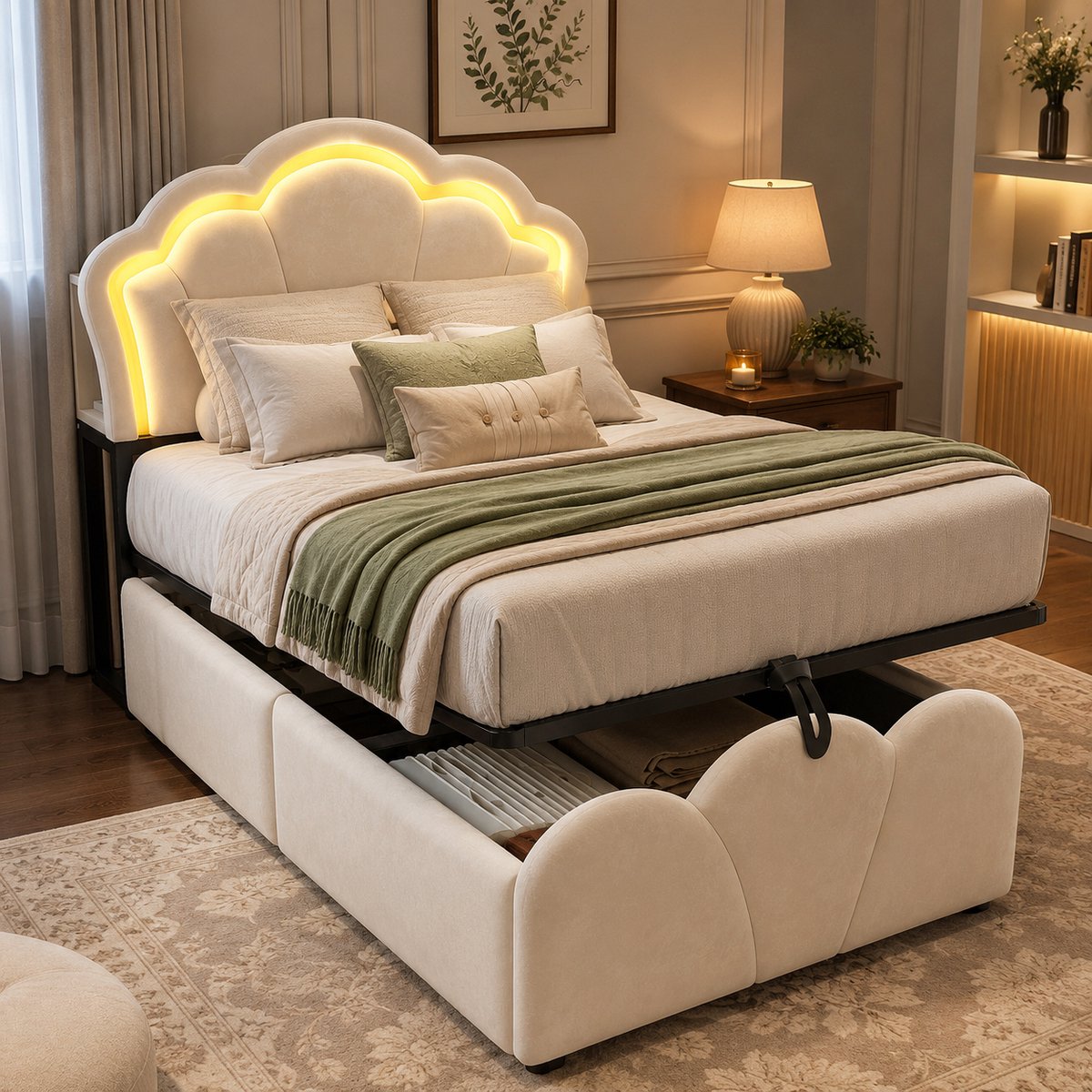Eenpersoonsbed 90x200 cm - Gestoffeerd bed 90x200 cm - Opbergbed - Met LED-verlichting - Met stopcontact - Hoofdbord met opbergruimte - Beige