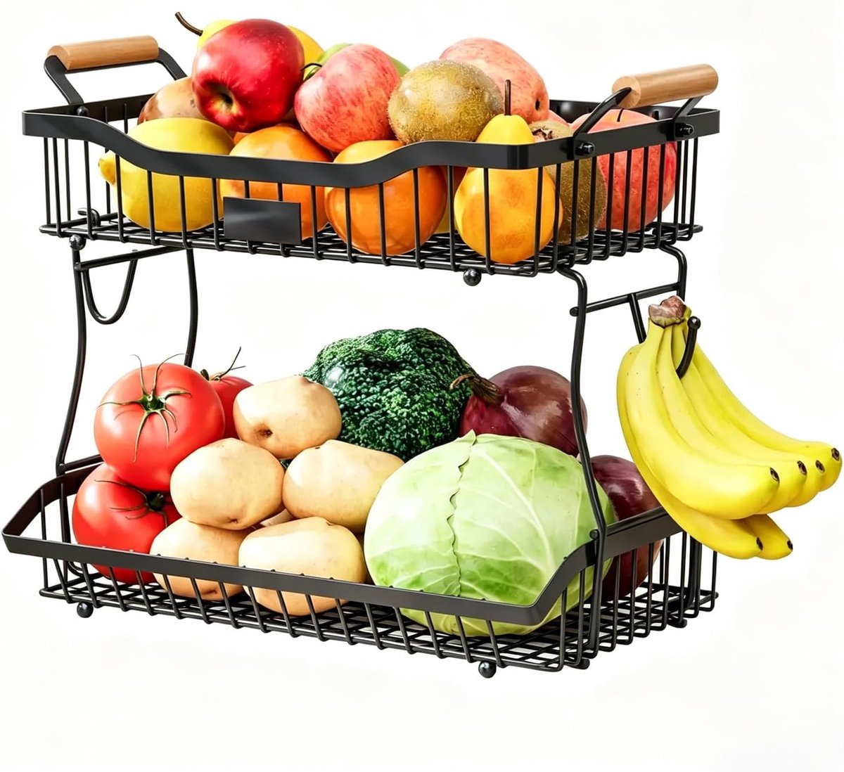 Fruitschaal 2-laags fruitmand met bananenhangers, metalen groenteopslag voor keuken werkblad, afneembare organizer met houten handgrepen voor snacks, brood
