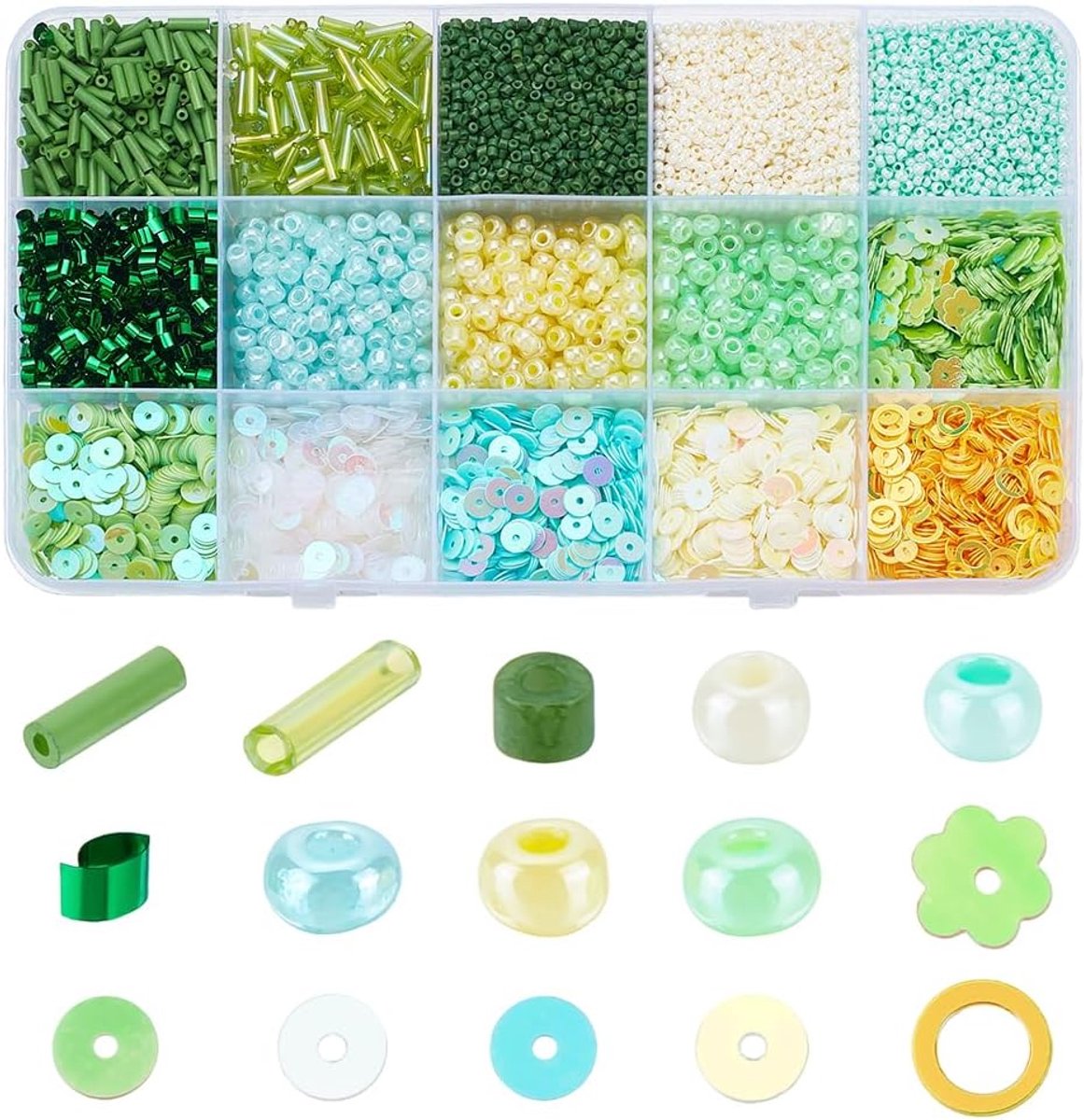 Ronde Glazen Rocailles 15 Stijl Groen Thema Buis Spacer Losse Kralen Bulk Disc Plastic Voor Sieraden Maken Accessoire Benodigdheden DIY Ambachten Woondecoratie