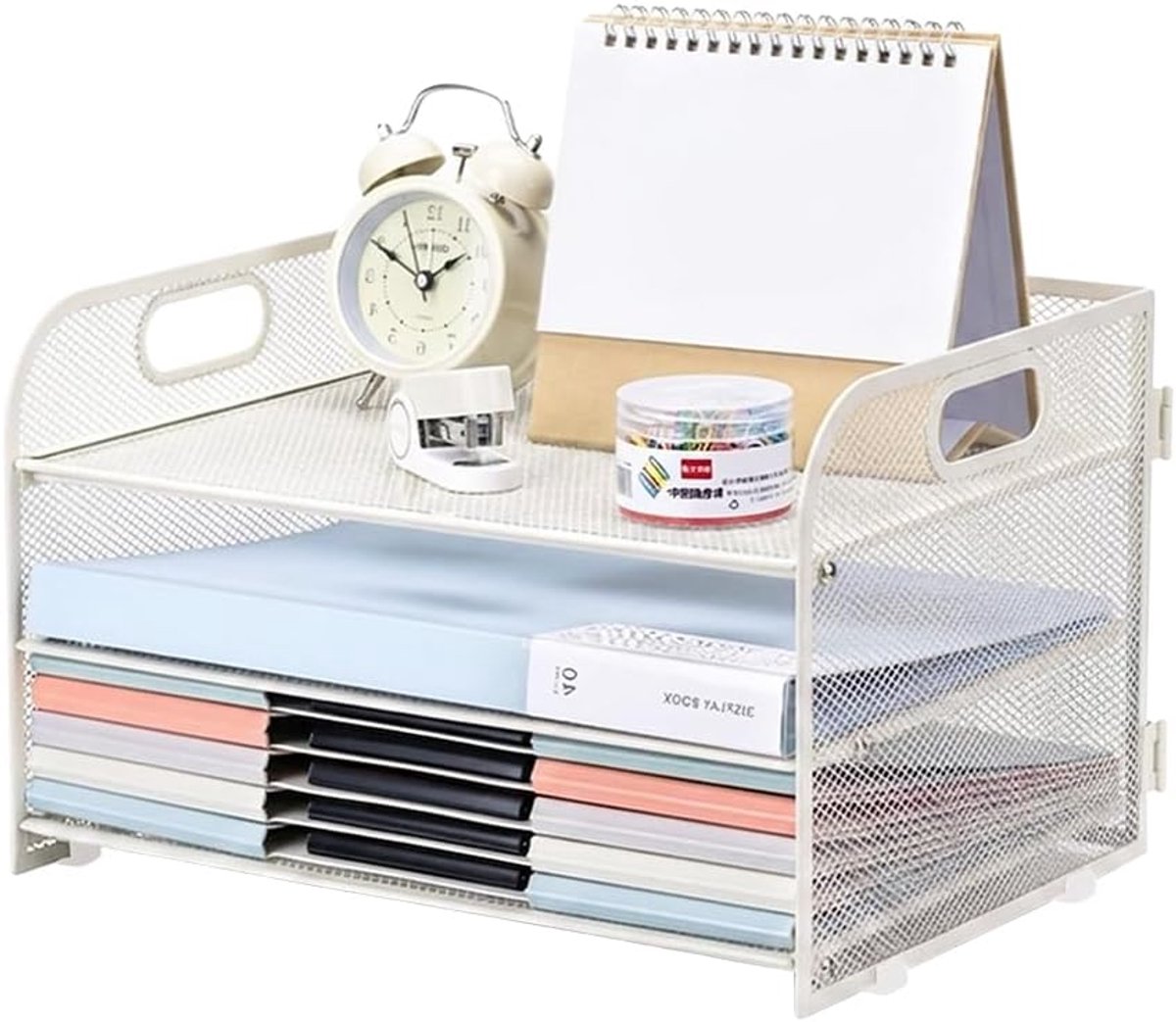 stapelbaar, A4, 3 vakken, mesh-design, bureau-plank, papierlade met handvat, papieren organizer, archiefplanken, bureauhouder voor papierbrievenaccessoires, wit