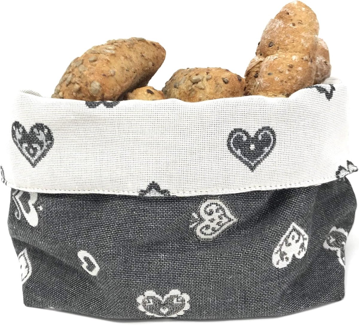 Dubbelzijdige stoffen broodmand in Tiroolse stijl met harten - designtas gemaakt van handgemaakte kwaliteit Cuori Grigio