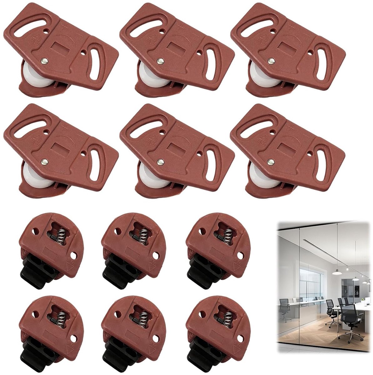 Set van 6 paar stille wielen, met geleider voor ingebouwde kasten, schuine wielen voor kastdeuren, geschikt voor schuifdeuren en kasten