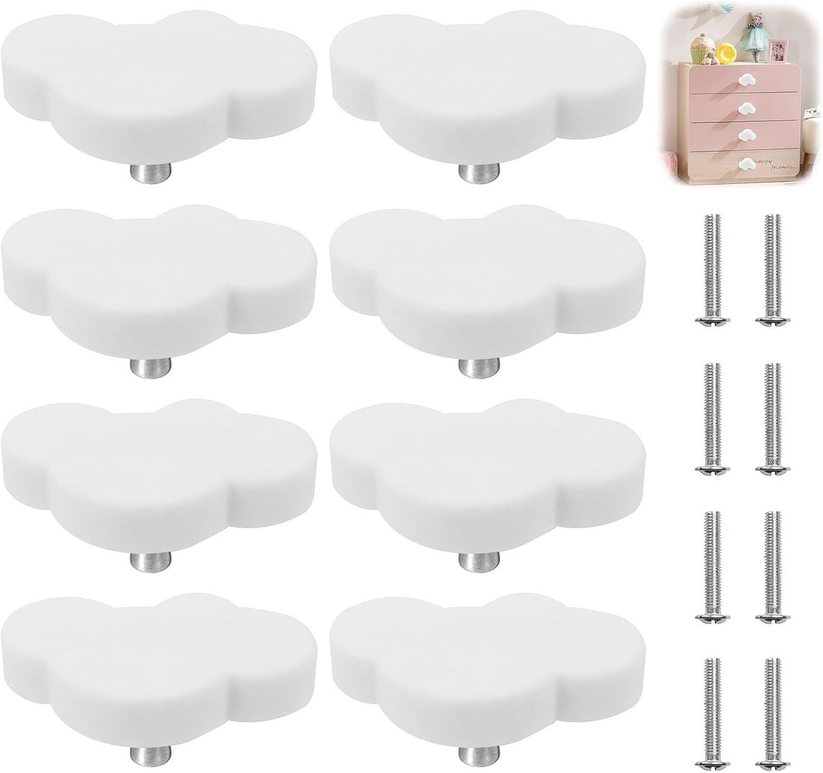 8 stuks wolkenvormige kastknoppen voor kinderkamer, cartoonvorm ladegreep, meubelknoppen, ladeknoppen met schroeven, ladeknoppen, meubelknoppen, ladegrepen, knop voor kasten, meubelgreep, wit