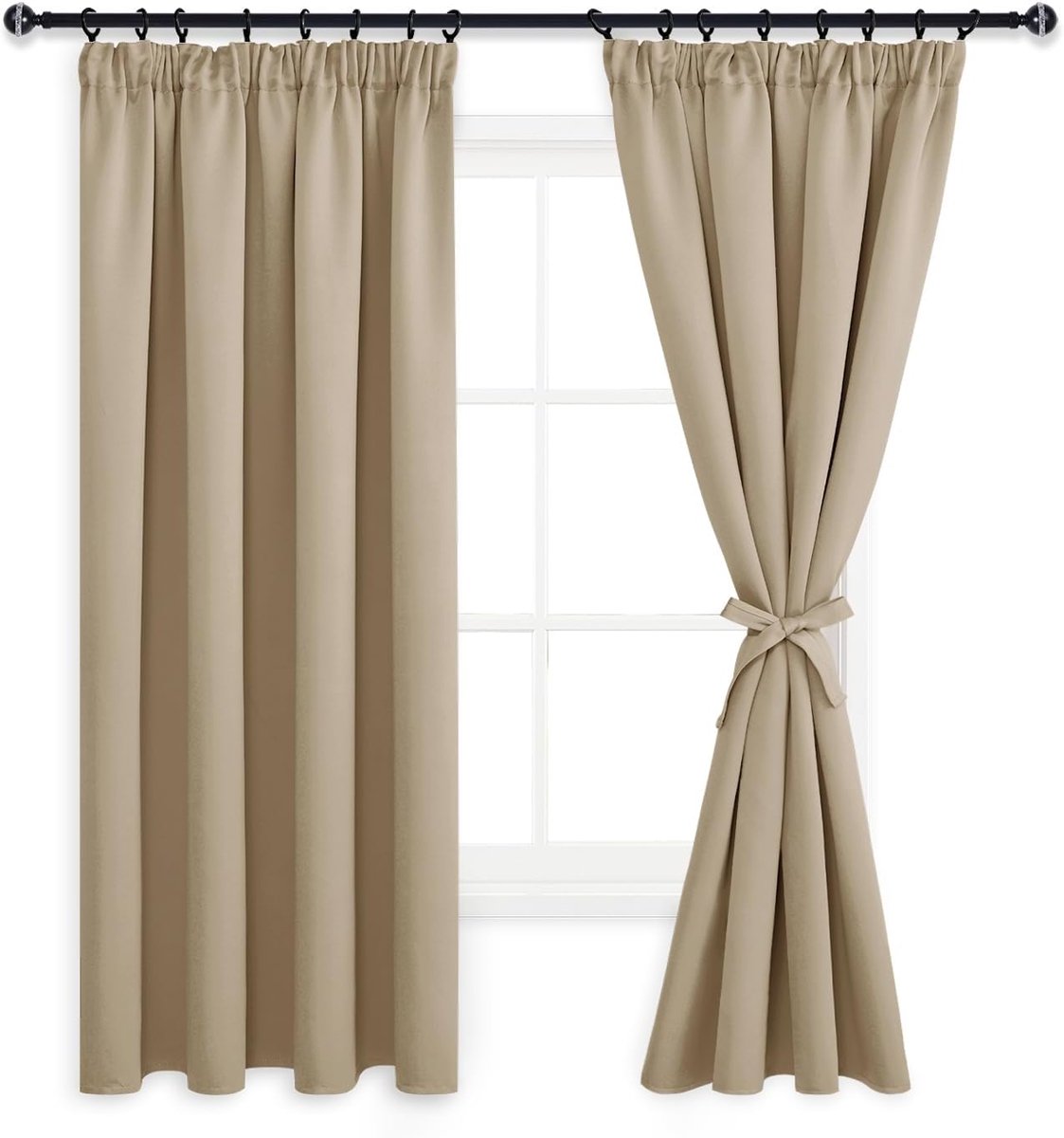 Verduisterende Gordijnen Plooiban met Riemen, Verduisteringsgordijnen Kant en Klaar, Taupe, 140x175cm(BxH), 2 stuks, Kant en Klaar Ondoorzichtige Thermogordijn Gordijnen voor Woonkamer Slaapkamer