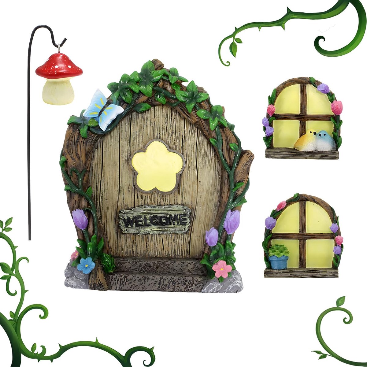 4 stuks vlinder, feeënhuis, tuindecoratie, tuindecoratie voor buiten, elf deur, tuin met decoratie, voor buiten, bomendecoratie, handwerk, gemaakt van hars
