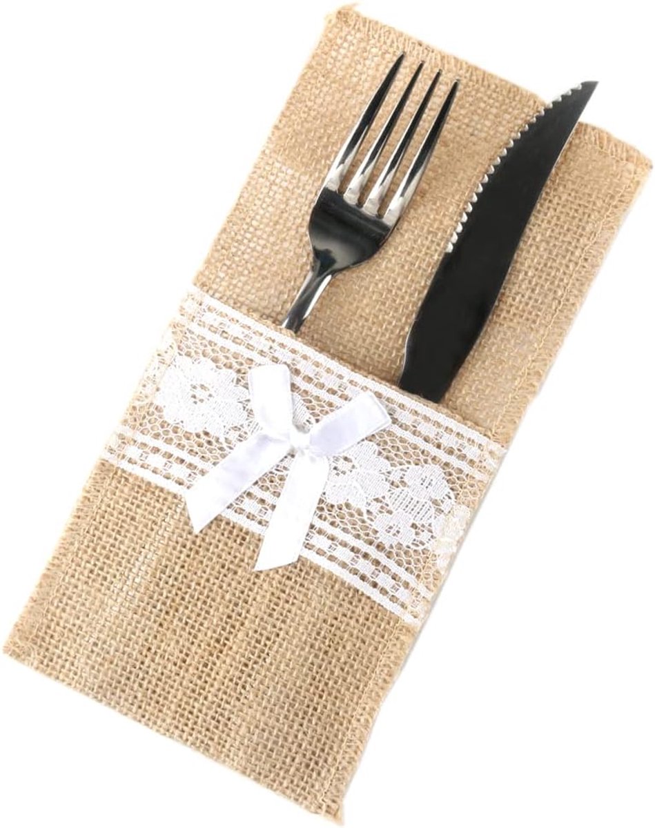 12 stuks jute bestekzakjes, vintage kant, bestekzakjes, bestekhouders, tafeldecoratie, bruiloft, Kerstmis, doop, rustiek feest, restaurant, stijl D