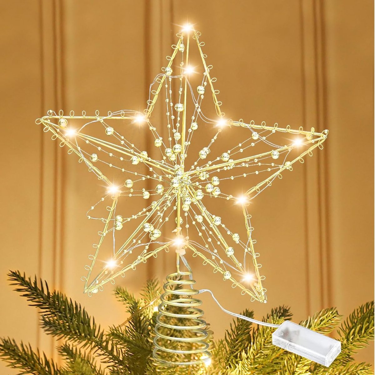 30 cm kerstboompiek, kerstversiering met 10 glinsterende leds, led-ster, dennenboom, decoratie, werkt op batterijen, opengewerkte kerstboomversiering