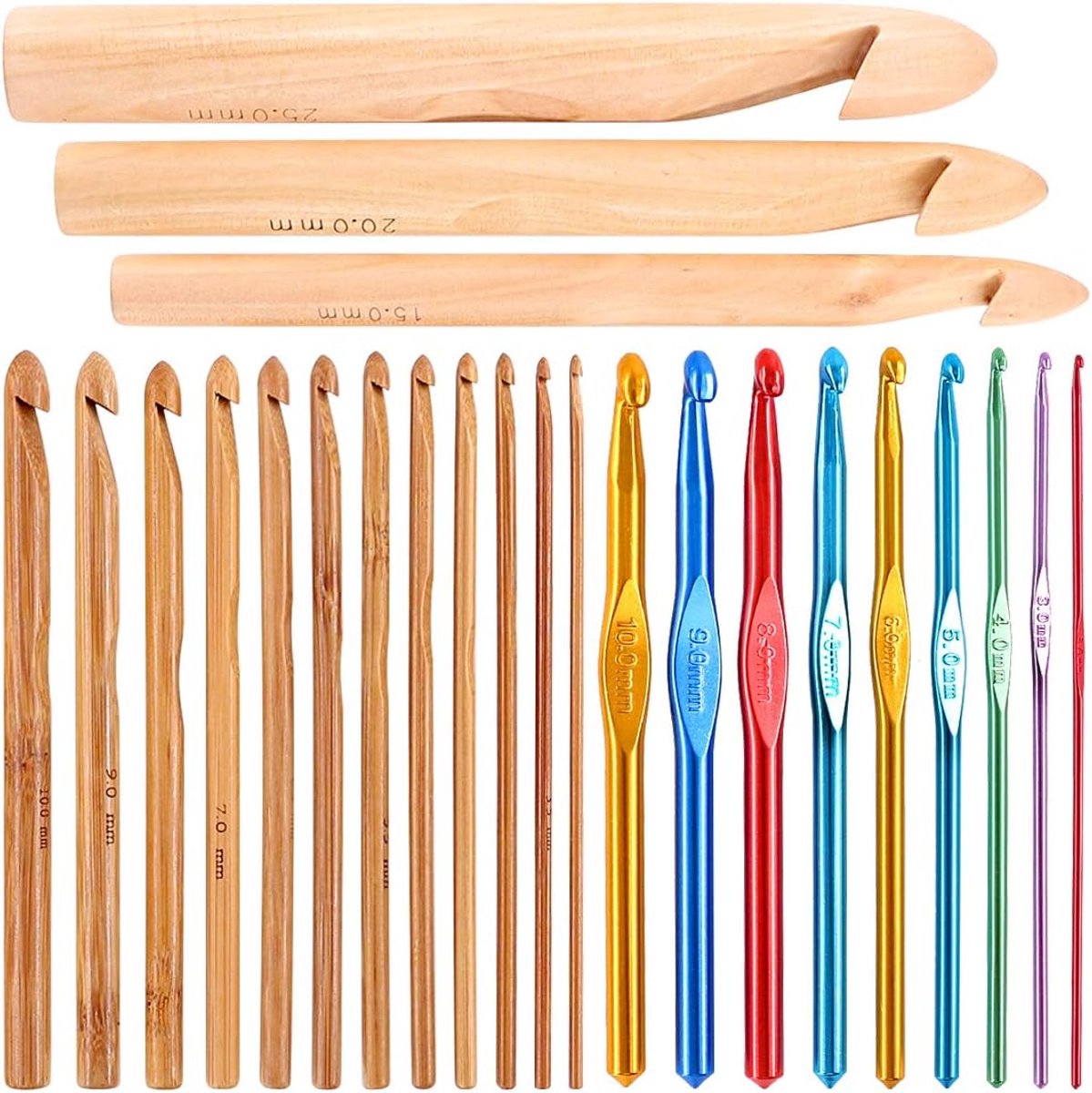 24 Stks Haakhaken Set, 15 Stks 3 tot 25 mm Houten Bamboe Haaknaald Breihaken met 9 Stks 2 tot 10 mm Aluminium 2-10 mm Handvat Haakhaken voor Trui Hoed Sjaal Handschoen Gebreide Weven