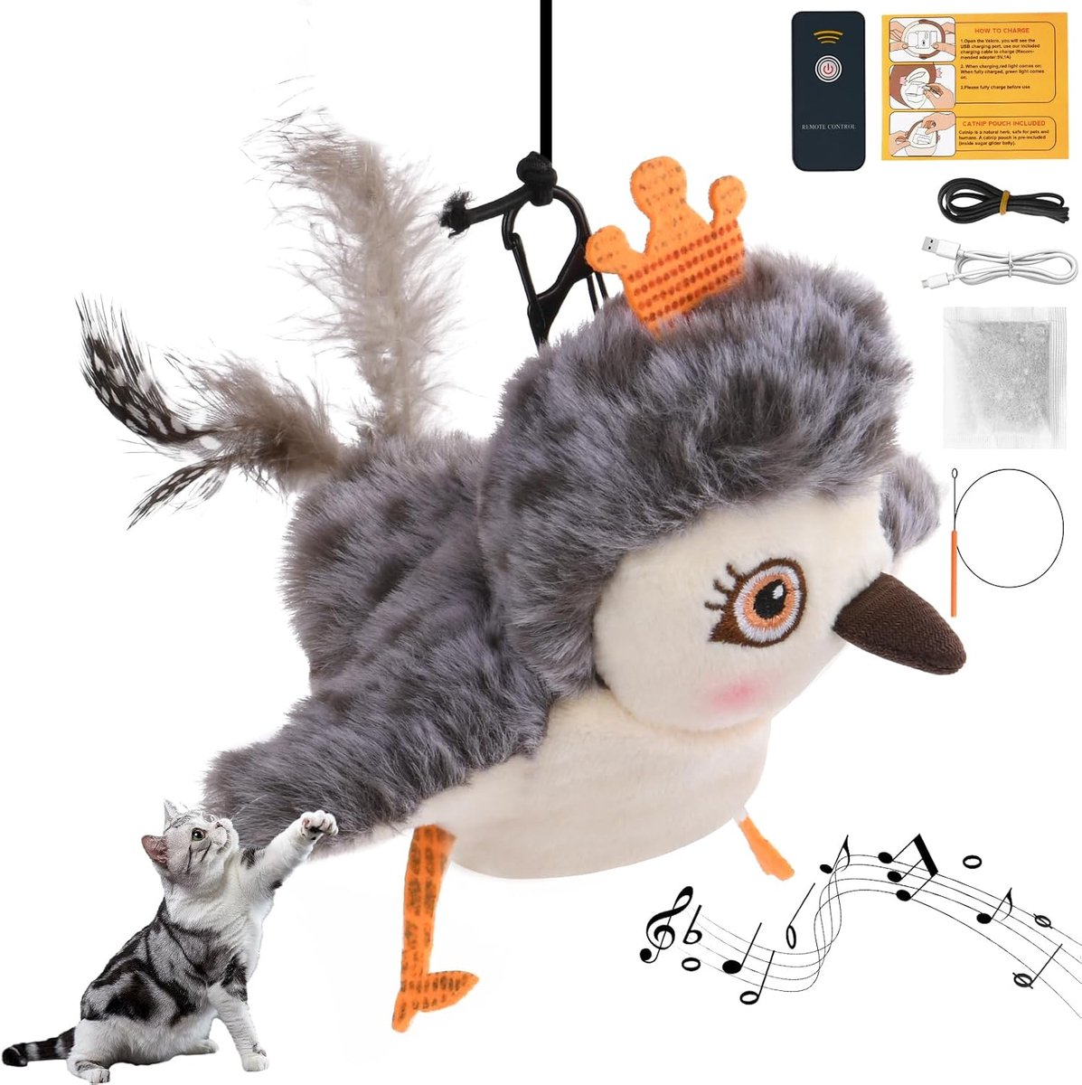 Kattenspeelgoed, interactief klapperende vogel, kat&kitten, oplaadbaar, tjilpende simulatie, vogelspeelgoed met veer, afstandsbediening geactiveerd piepend kattenspeelgoed, elektrisch pluche