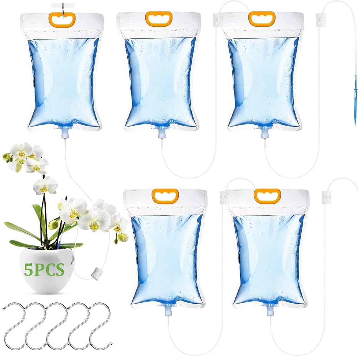 5 stuks 3,5L planten automatische bewatering druppelirrigatie zak, plantenbewatering binnen, met 5 haken verstelbare doorstroming klepschakelaar, voor plantenbewatering op vakantie, balkon