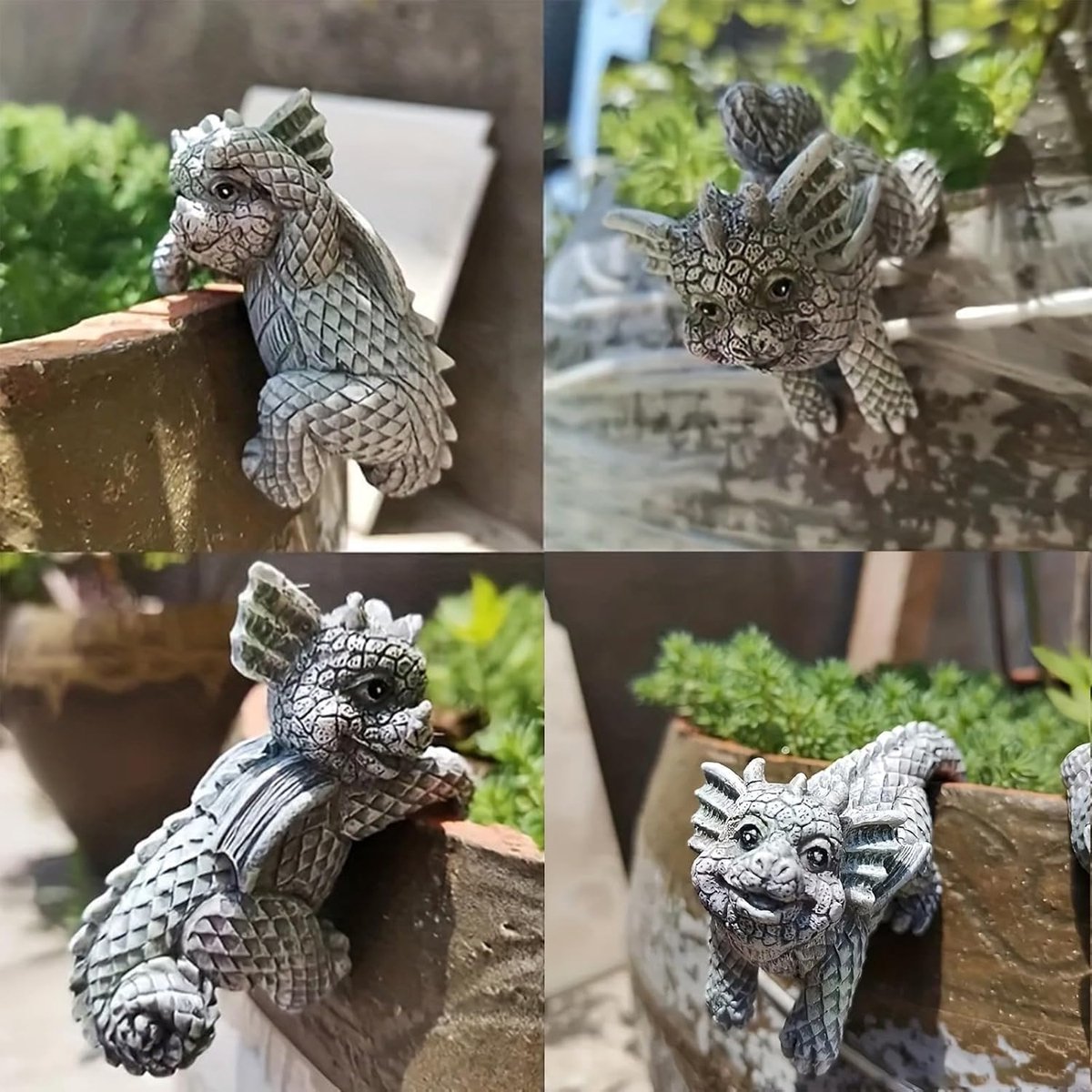 4 stuks draak tuinbeeldje, miniatuurbeeld van weerbestendig hars, hanger voor bloempot, decoratie om op te hangen, voor drakenliefhebbers, tuindecoratie, terras