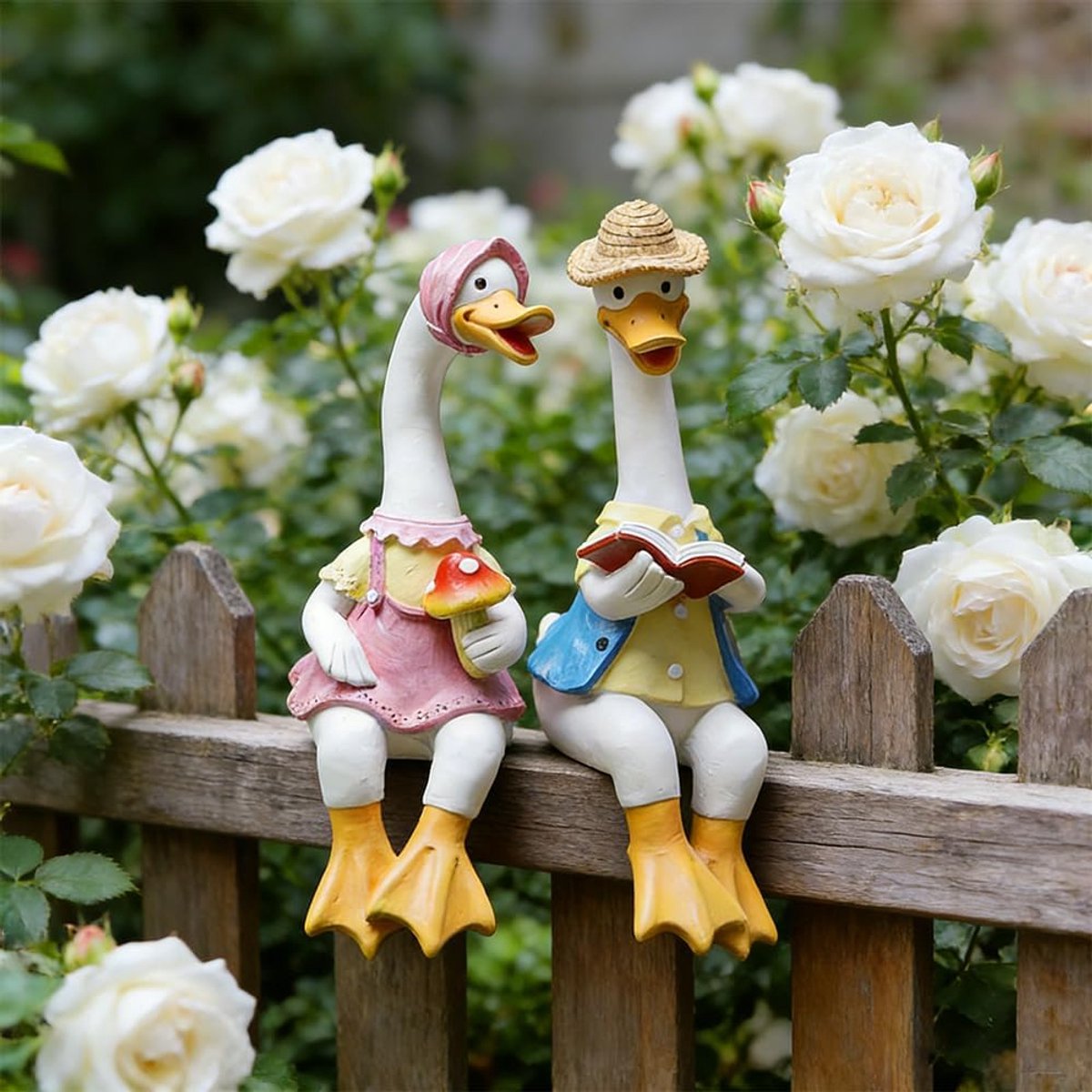 Tuindecoratie voor buiten, weerbestendig, schattige cartoonhars, tuinbeelden voor binnenplaats, huis, tuin, terras en kantoor, 2 stuks
