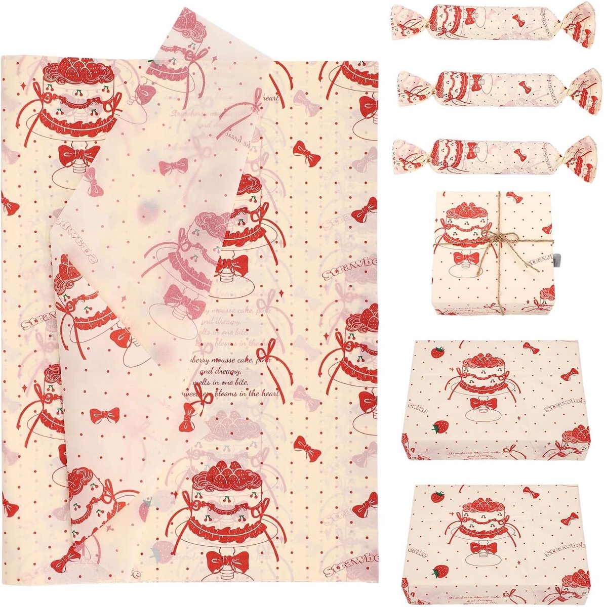 30 Stuks Vloeipapier voor Cadeauzakjes, 50x35cm Aardbeitaart & Strik Print Cadeauverpakking Vloeipapier Vellen voor Bruiloften Verjaardag Knutselen Feest Gunsten Decoraties