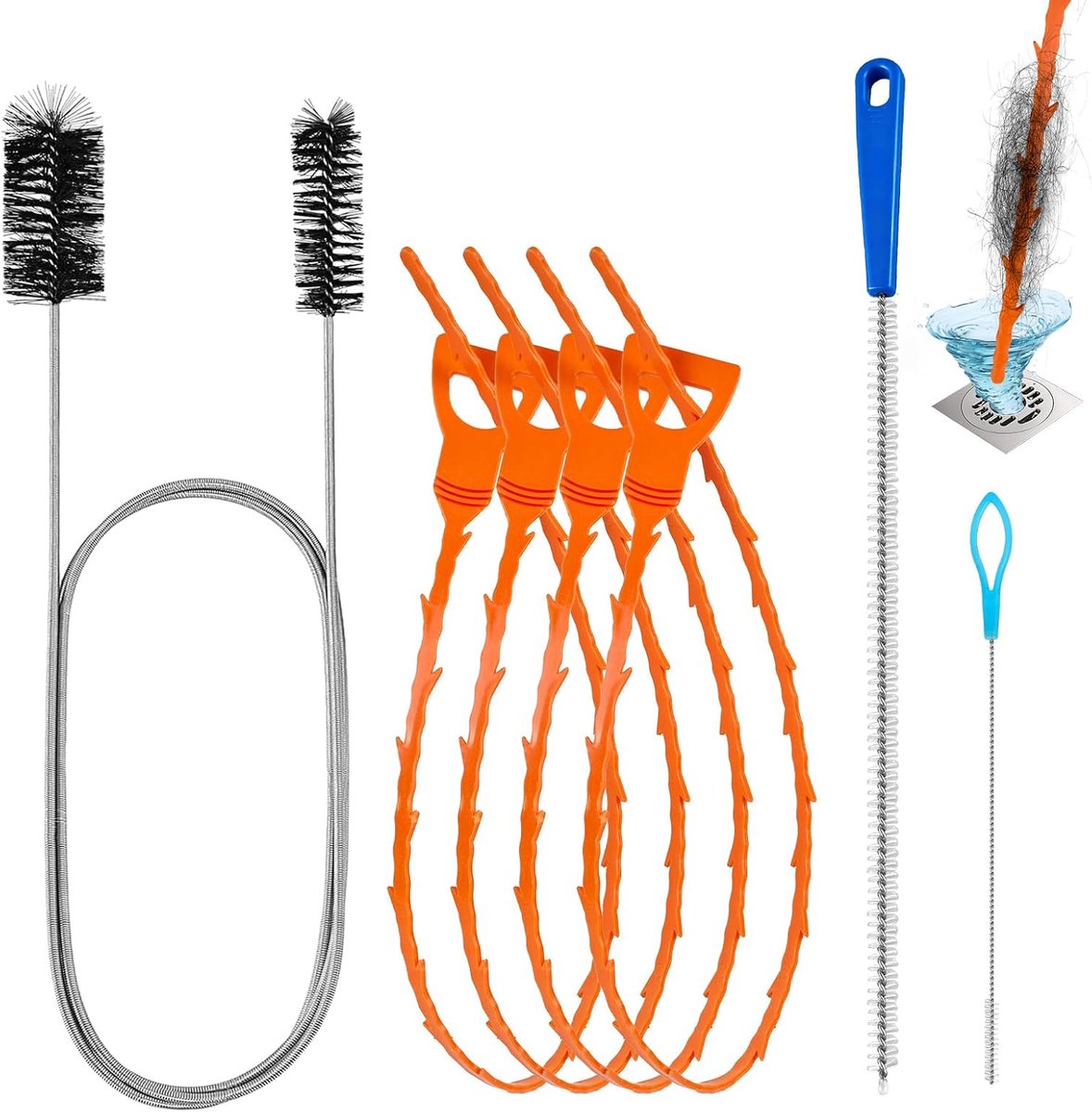 Afvoerreiniger, spiraal, dubbele kop, buisreinigingsspiraal, roestvrij staal, afvoerspiraal, afvoerborstel, lang, flexibele reinigingsborstel voor keuken, douche, riolering, badkamer, 7 stuks