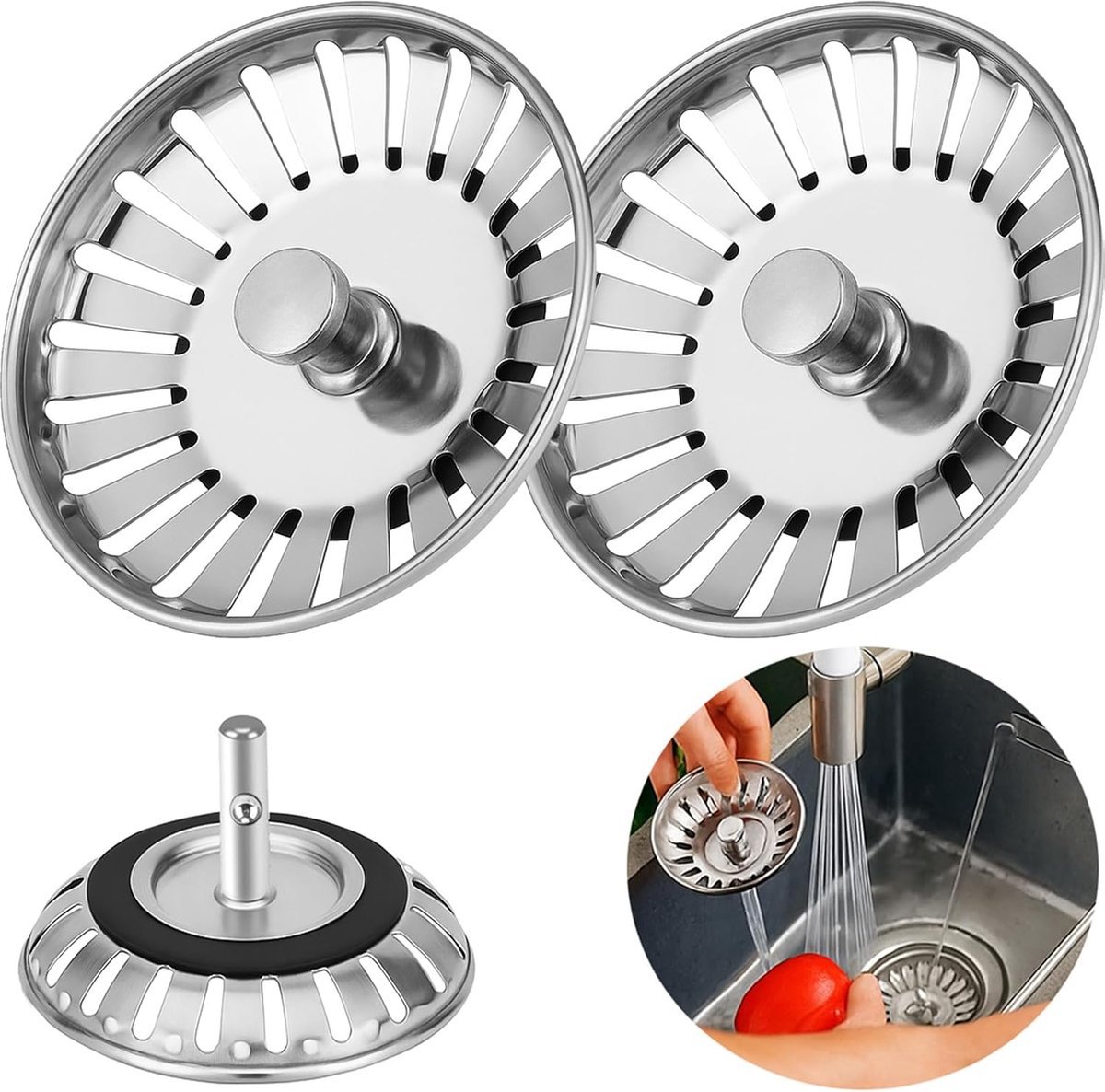 2 stuks afvoerstoppen voor keukenspoelbak, afvoerstop voor verdikt filter van roestvrij staal, keukenafvoerfilter (diameter 79 mm)