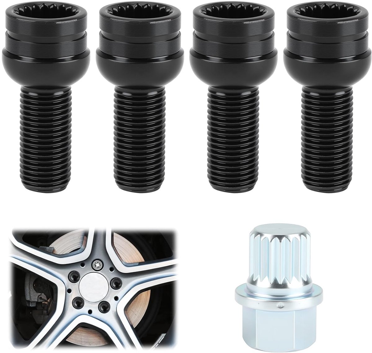 4 stuks M14 x 1,5 mm moer anti-diefstal wielboutslot, autobandslotschroeven met sleutel, zwarte bouten anti-diefstal wiel auto voor Au-di, Go-lf, Bo-ra, Go-lf, Je-tta, Mago-tan, Bee-tle en Pa-ssat