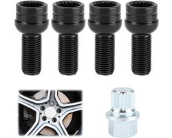 4 stuks M14 x 1,5 mm moer anti-diefstal wielboutslot, autobandslotschroeven met sleutel, zwarte bouten anti-diefstal wiel auto voor Au-di, Go-lf, Bo-ra, Go-lf, Je-tta, Mago-tan, Bee-tle en Pa-ssat