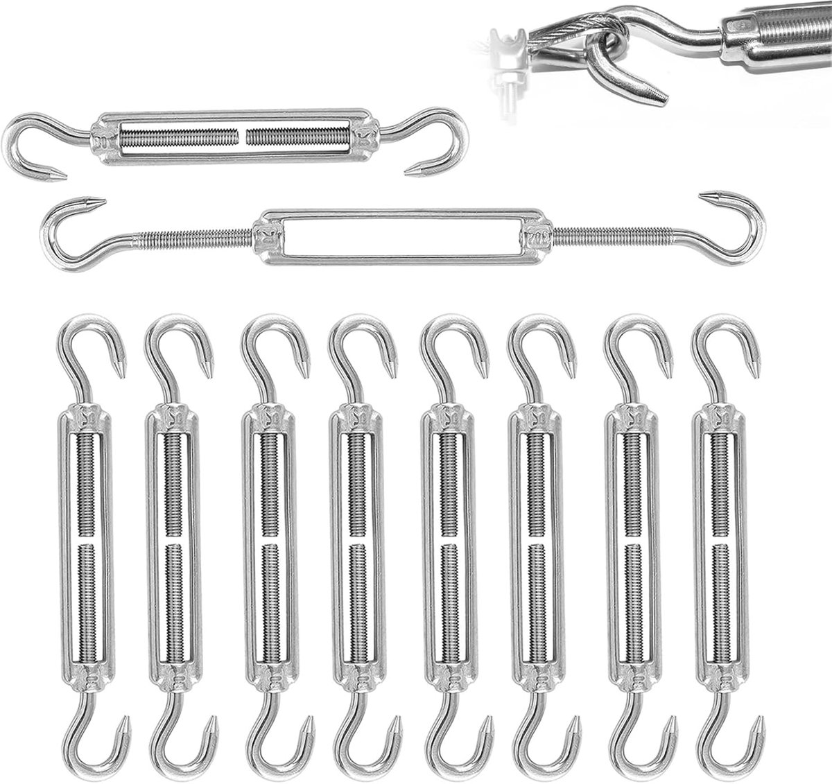 Spansloten, touwspanners, 10 stuks, M6 wervel, kabelspanner, 304 roestvrij staal, verstelbare wervelhaken, CC, spanner, draadspanner voor tuinhek, zonnezeil, doe-het-zelvers, zilver