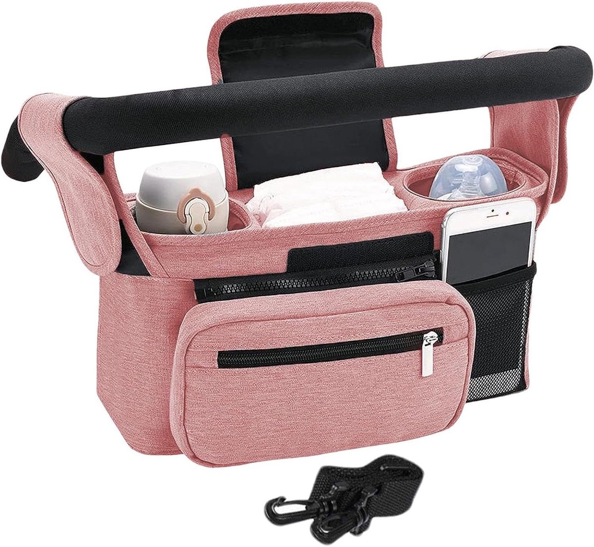 Kinderwagen Organizer - Opbergtas Kinderwagen - Babybenodigdheden Meenemen - Geïsoleerde Flessenhouders - 32 x 16 x 10 cm - Roze