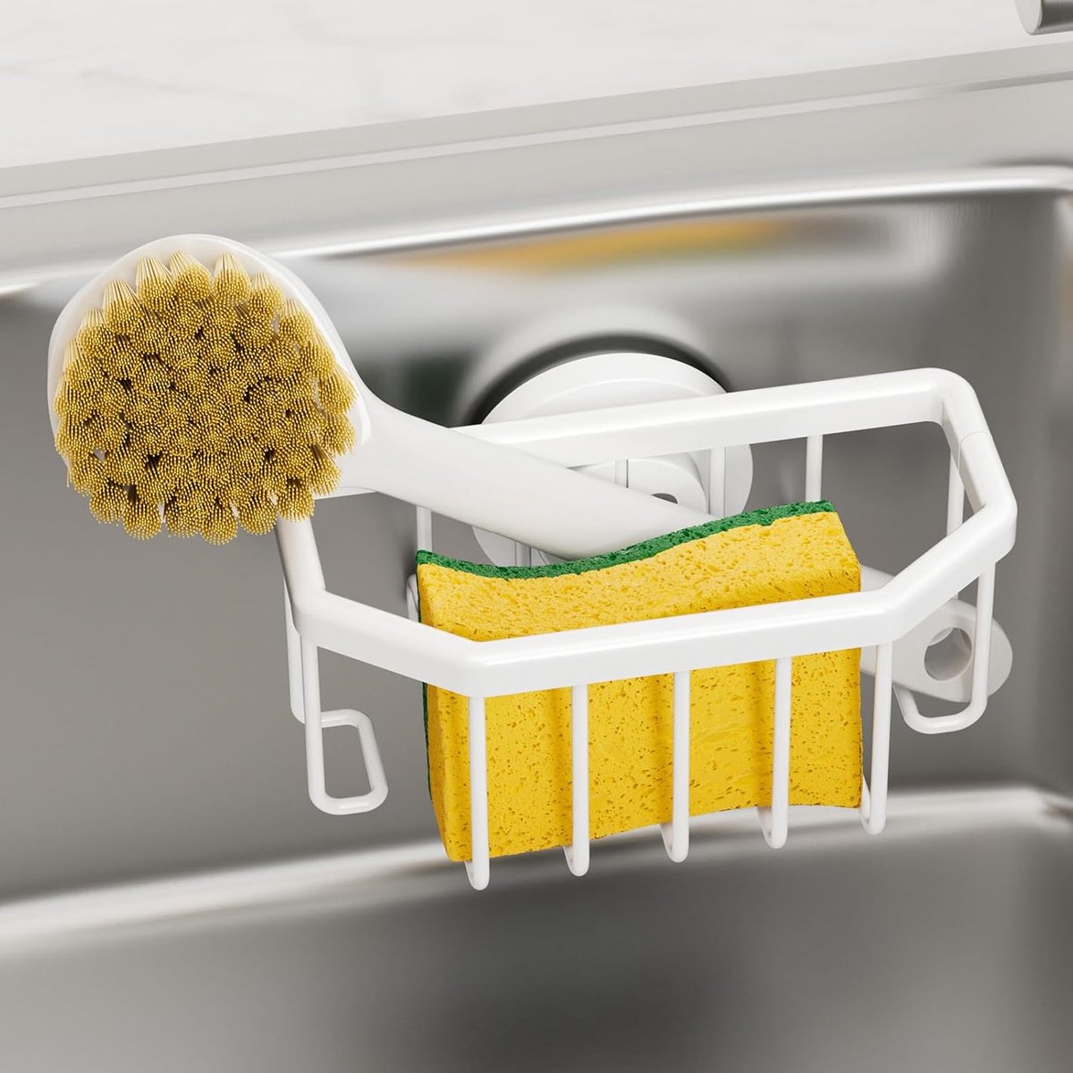Sponshouder voor gootsteen met krachtige zuignap, afneembare gootsteenorganizer, sponshouder keuken, geschikt voor het opbergen van sponzen, borstels en gootsteenstop, wit