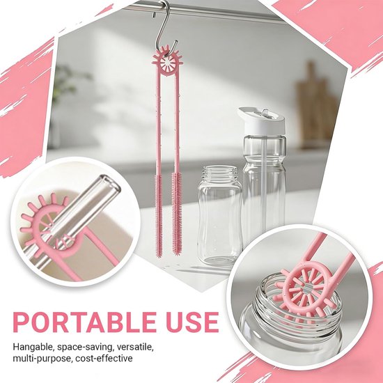 rietjesborstel, 2-in-1 dubbele borstel, rietjesborstels (6 mm + 9 mm), reinigingsborstel met buigbare stalen kern voor glazen rietjes, metalen rietjes, smoothierietjes en drinkbekers, roze — afbeelding 4