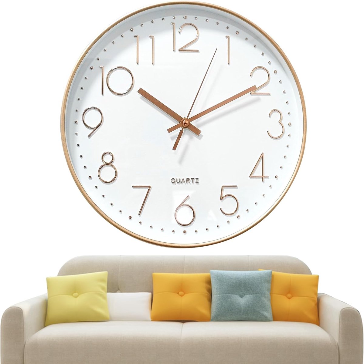 SnelShoppen - Ronde Wandklok 30 cm Geruisloos, Modern Kwarts Uurwerk in Wit/Roségoud voor Kinderen en Thuis - Wandklok zonder Tikkende Geluiden, Grote