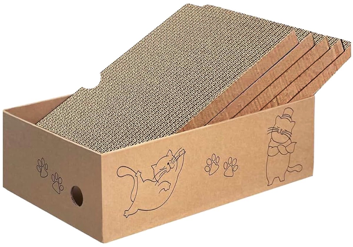 Kartonnen Doos 42*26*13cm, 5 stuks Omkeerbare Katten Krabplank met 1 Doos, Golfkarton Krabbed voor Indoor Kitty, 5 in 1 Vervanging Kartonnen Refill Pad voor Katten om te krassen, Rusten