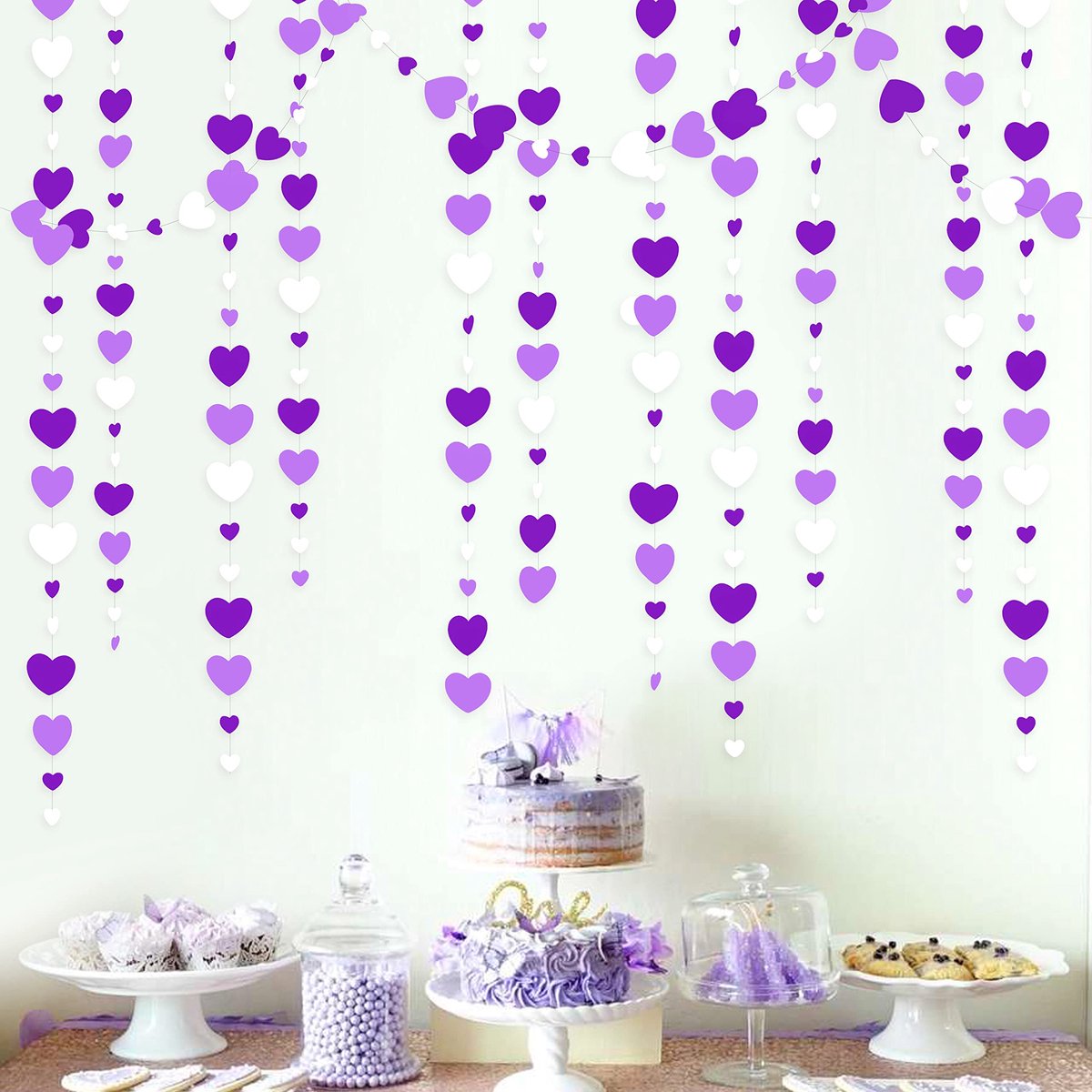 52 Ft Lavendel Liefde Hart Slinger Paars en Wit Opknoping Streamer Banner voor Verjaardag Moederdag Valentijnsdag Verjaardag Engagement Bruiloft Bruids Baby Shower Lila Party Decoraties Benodigdheden