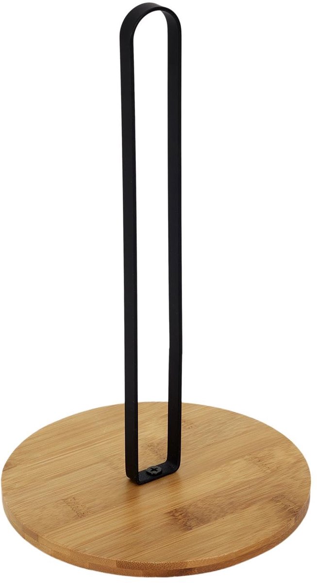 Keukenrolhouder van bamboe, stijlvolle houten keukenpapierhouder met zwarte metalen standaard, perfect voor de keuken, zwart
