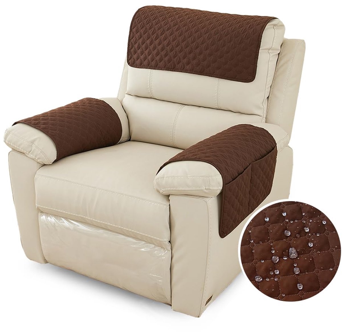 Hoes voor armleuningen, hoofdsteun voor fauteuil, waterdichte hoes met zijvak, antislip en wasbare en slijtvaste meubelbeschermer voor katten, honden, huisdieren (1-zits, bruin)