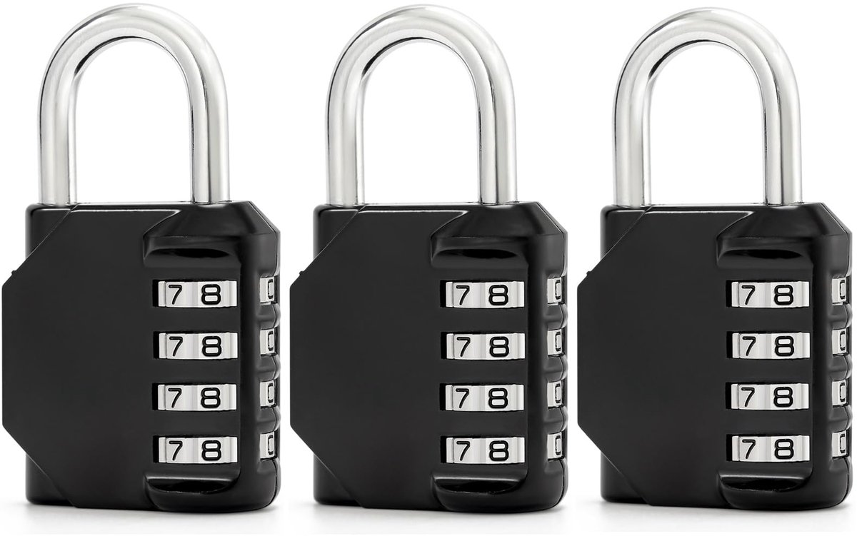 Hangslot, 4-cijferig cijfercode, slot voor school, gymkluisje, garage, hek, kastkast, opslag (3, zwart)