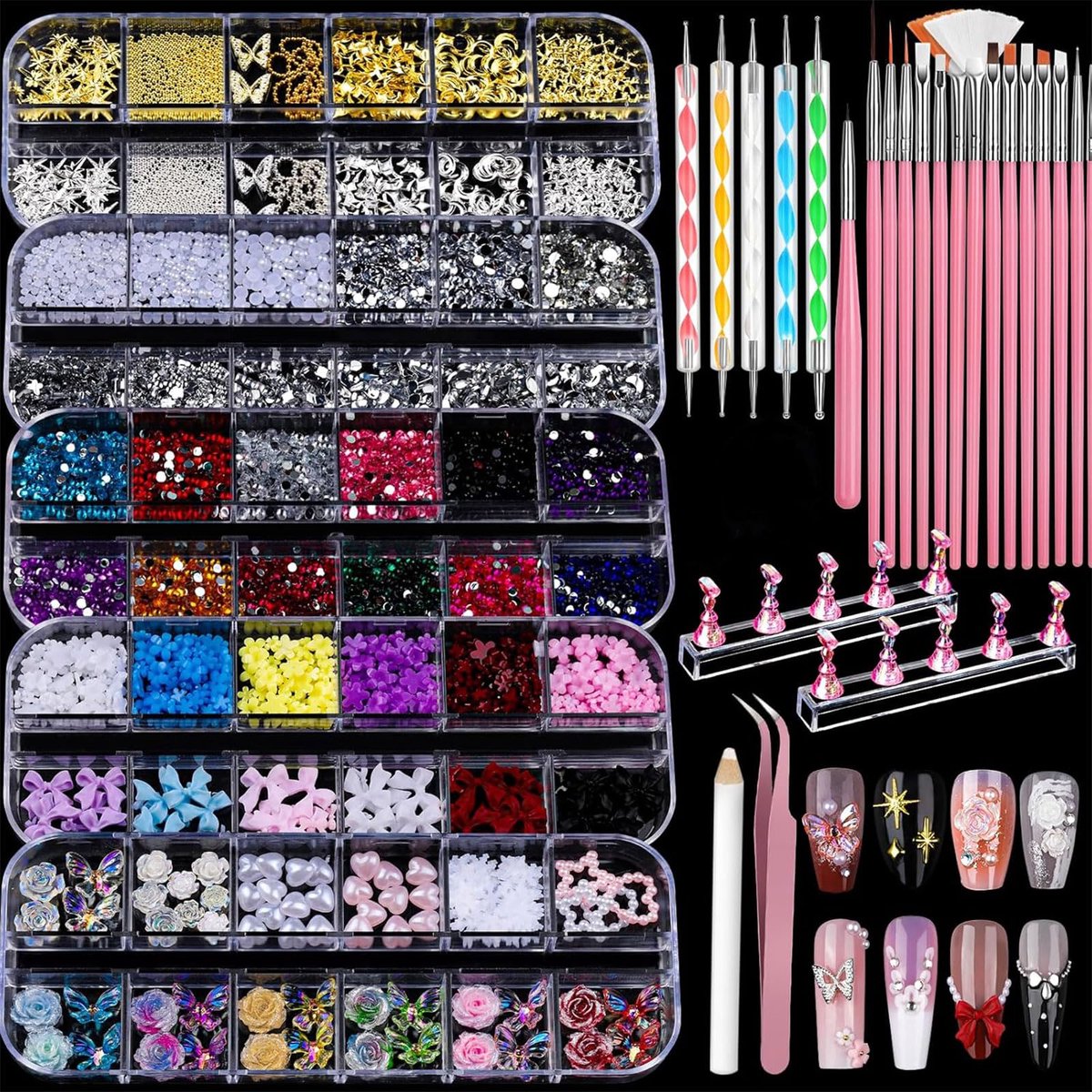Nagelversierings- en Nagelkunst-Gereedschapsset, Nagelkunstset met 5 dozen 3D-nagelversieringen en strassteentjes, 15 nagelpenselen, 5 dotting tools, 2 nagelhouders