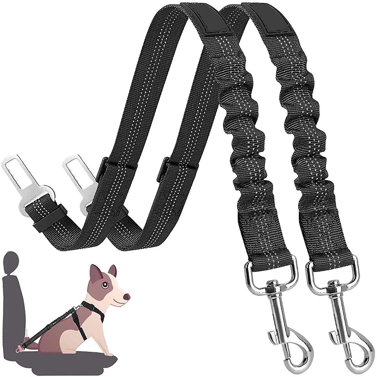 2-pack hondenveiligheidsgordel, verstelbaar hondenveiligheidsgeschirr voor in de auto voor alle hondenrassen, katten en autotypes, zwart