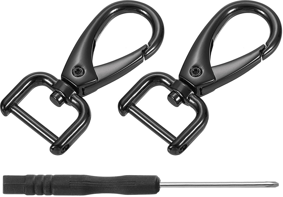 2 stuks draaibare haken, 15 mm, D-ring, afneembaar, karabijnhaak, metaal, karabijnhaak, klauwsluiting, haak met schroevendraaier voor tas, sleutelhanger, creatie, zwart