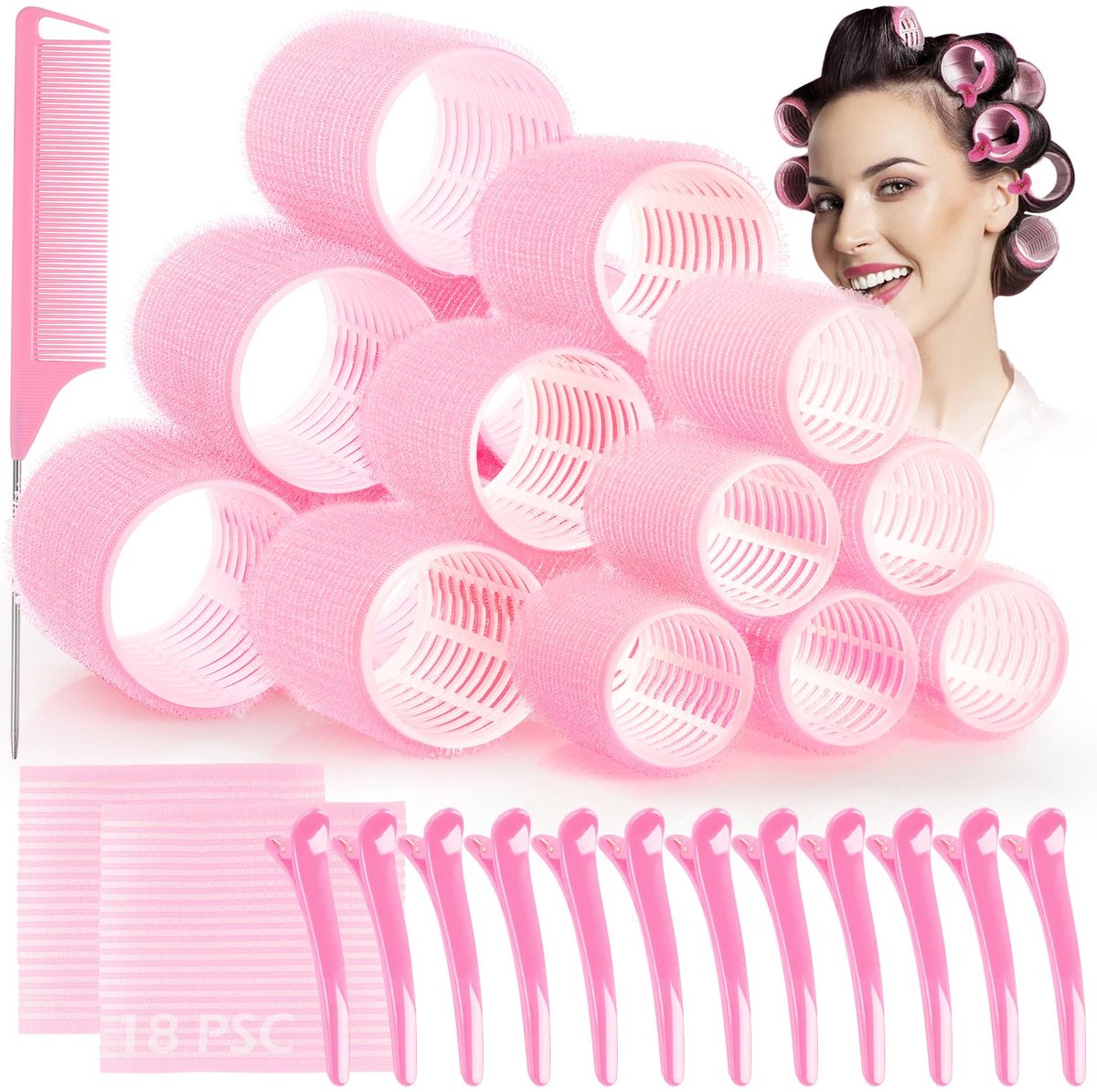 GeeRic van 33 stuks krulspelden voor haarstyling, 18 zelfklevende krulspelden + 12 haarklemmen + 2 magische bangsangs + kam om zelf te maken, krulspelden voor lang / kort haar / kapper (diameter 4,4