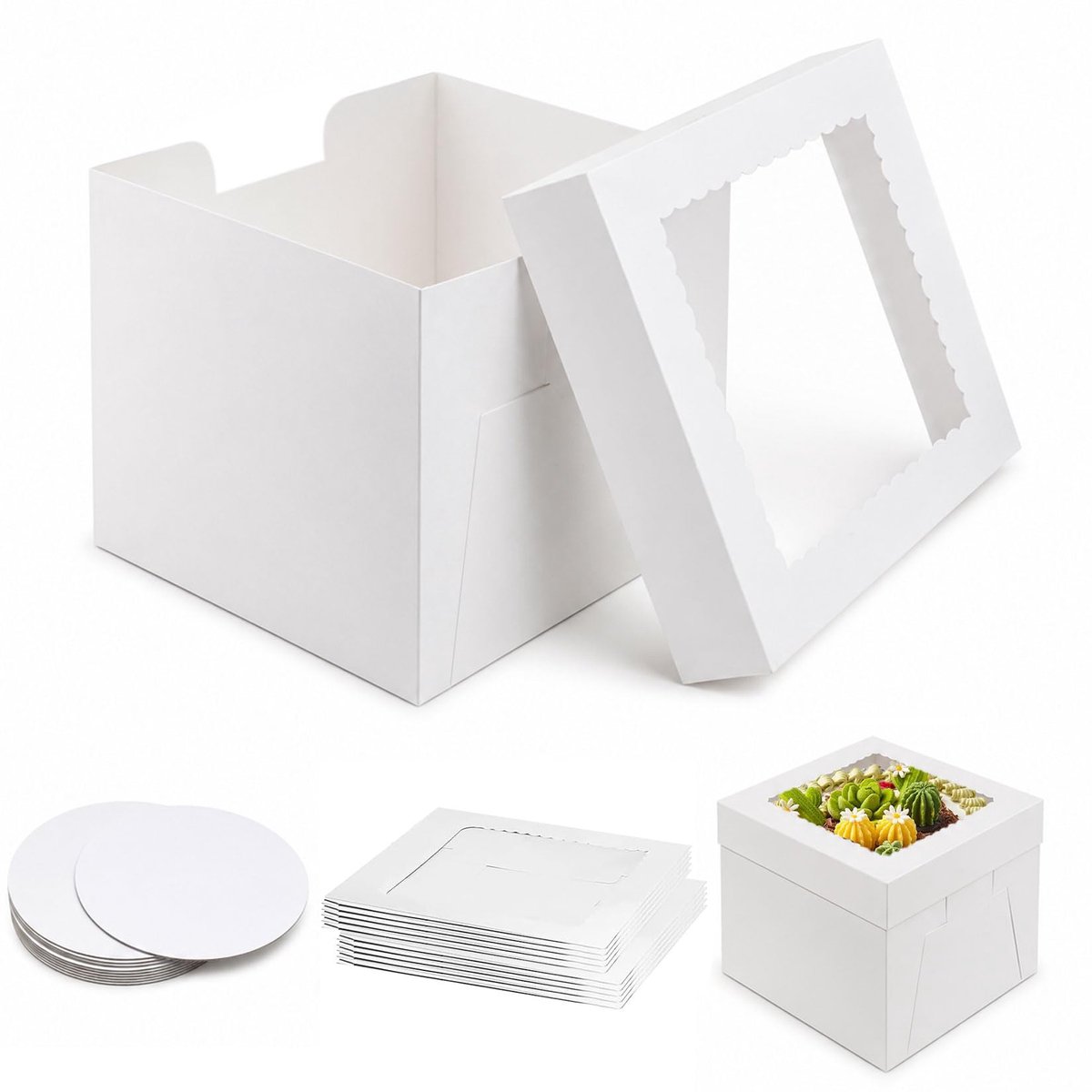 10 stuks taartdozen 25 x 25 x 20 cm met venster en taartronde planken, taartdoos zijopening, taartdoos voor verjaardagen, feesten, bruiloften (25 cm)