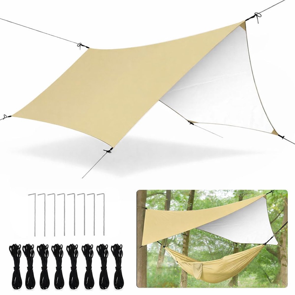 campingtentzeil, regenbescherming, zonwering voor camping, outdoor, picknick, wandelen, hangmat, tentzeil, camping, tentzeil, licht, draagbaar, regenbescherming, zonwering (kaki/A)