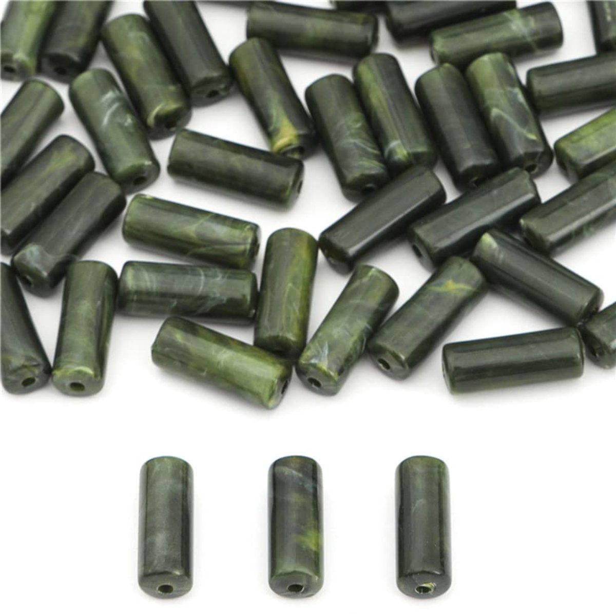 20 stuks lange acrylbuiskralen, parelwerk, gekleurde losse kralen, vintage kralen, voor doe-het-zelf handgemaakte sieraden maken, feestdagdecoraties, 8 mm x 20 mm, inrijggat 2 mm, legergroen