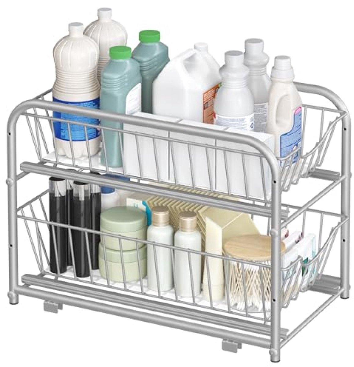 Huis Geluk Keukenorganiser met 2 uittrekbare laden, stapelbare lade-organizer, voor keuken en badkamer, 21 x 36,5 x 27,2 cm, zilver