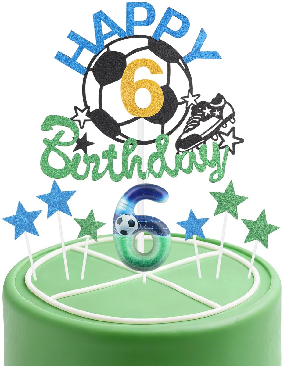 Verjaardagskaarsen Taarttoppers Set, Voetbal Nummer 6 Kaars voor Taart, Jongens 6e Verjaardag Decoraties, Blauw Groene Kaarsen Taarttoppers Voetbal Taart Decoraties voor Voetbal Thematische