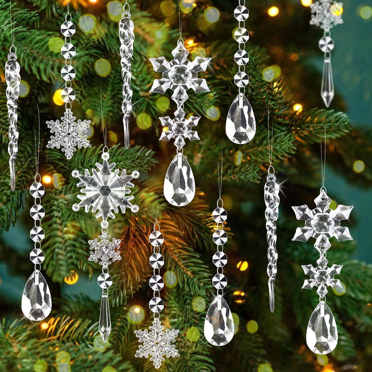16 stuks kristallen ornamenten, kerstboomversiering, acryl sneeuwvlok ijspegels druppels,kerstboom hangende sneeuwvlokken hangers voor Kerstmis, feest, bruiloft, winterdecoratie