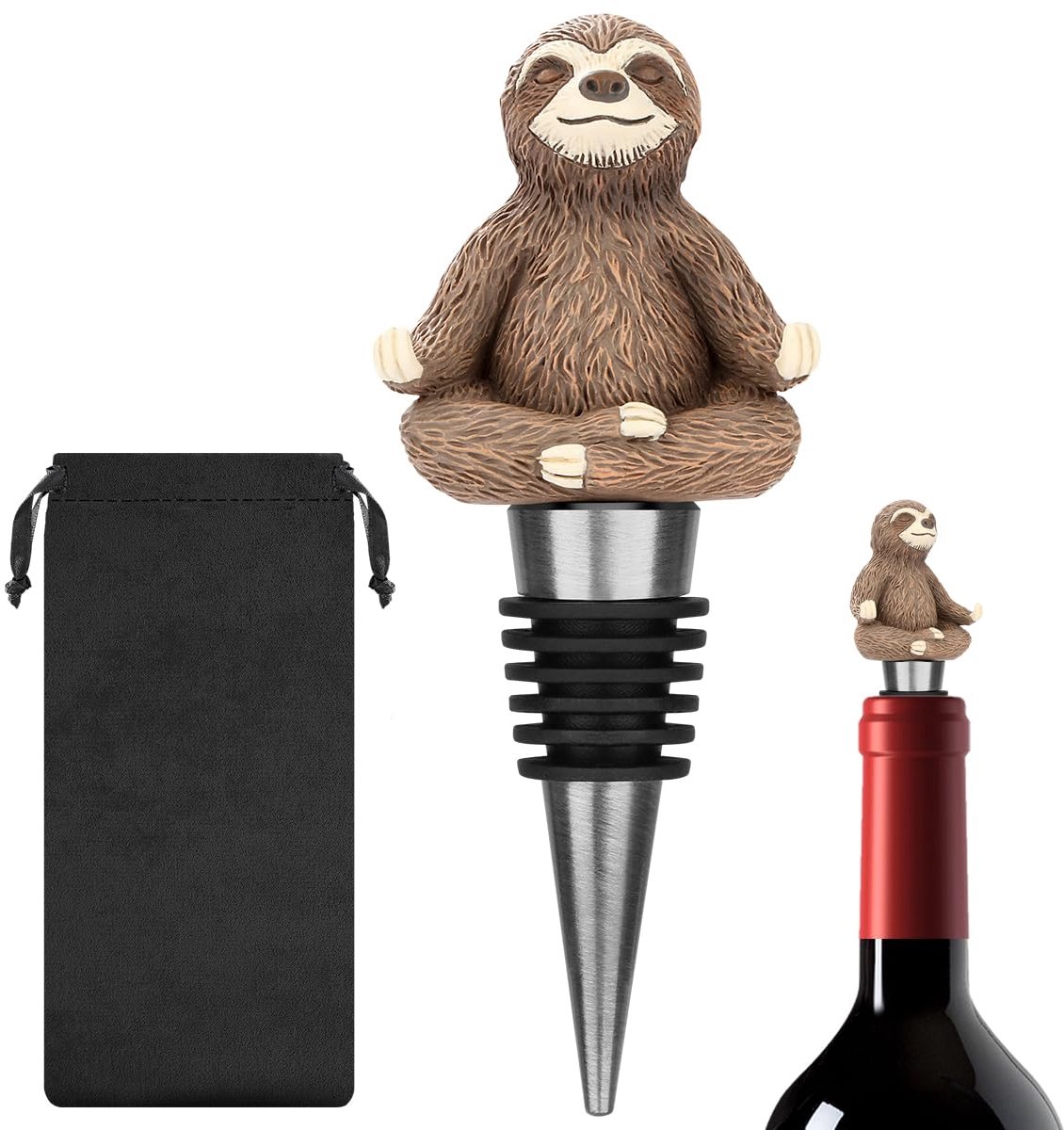 3D luiaardfiguur, wijnstop, luiaard bij het mediteren, figuurtjes, wijnsluitingen, met geschenkzakje, creatieve bieraccessoires, decoratie voor bar en keuken, voor Vaderdag, Kerstmis, verjaardag
