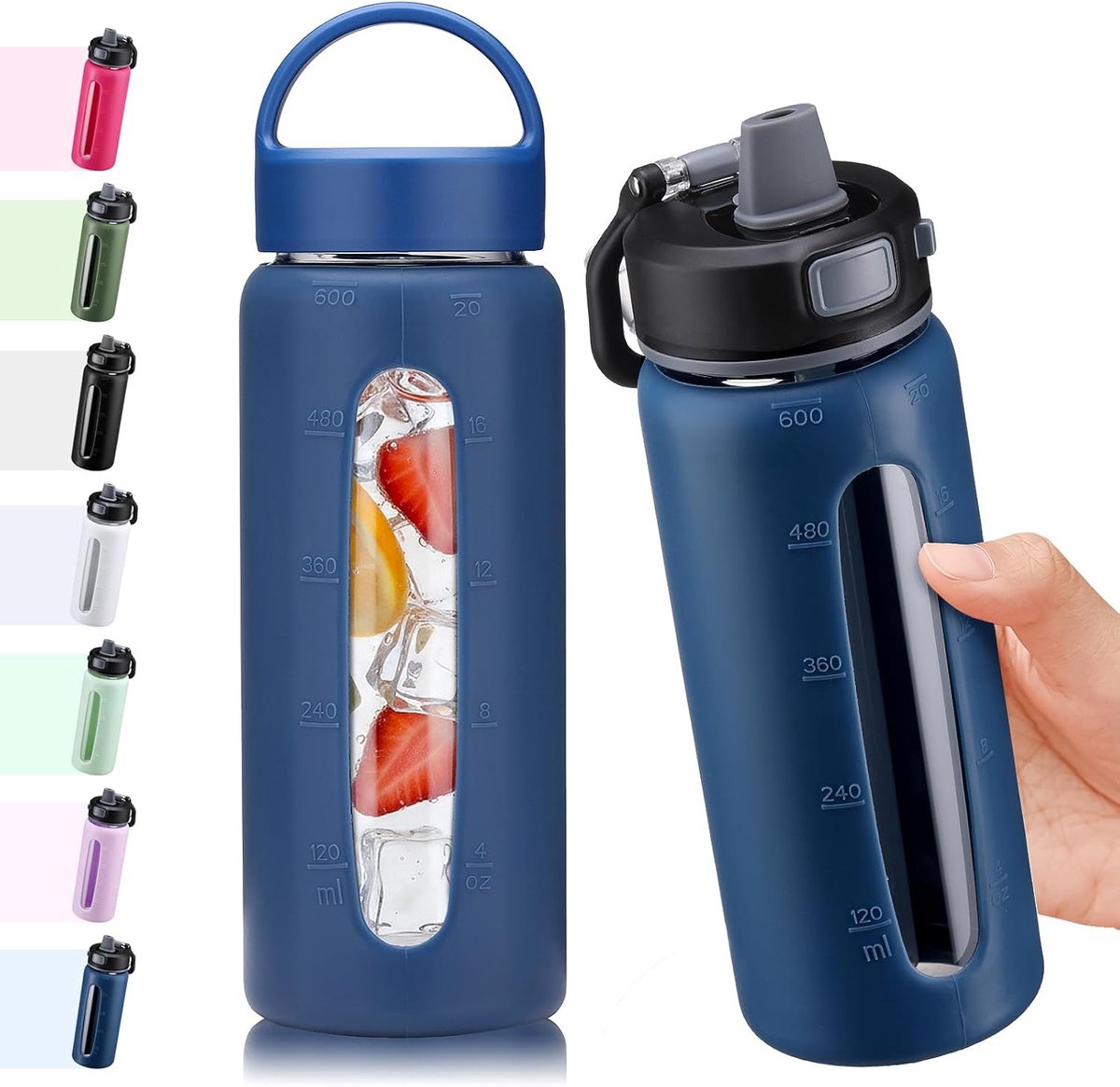 SnelShoppen - 600ml Glazen Waterfles met 2 Deksels - Drinkfles met Touch Lock en Handvat, Herbruikbare Tas met Tijdmarkering, Ideaal voor Thuis, Gym e