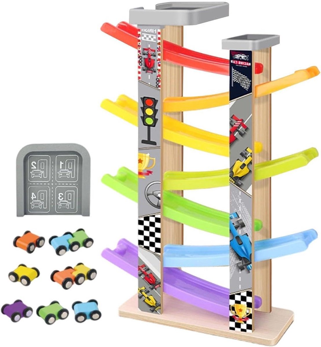 Houten Speelgoed Auto Hellingbaan - Parkeergarage Racebaan - Kind Ontwikkeling - Zeven Niveaus - 44 x 13 x 8 cm