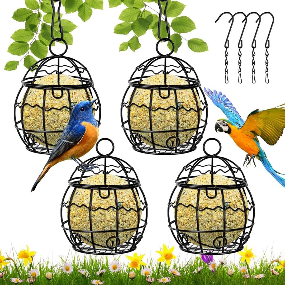 SnelShoppen - Voederstation voor vogels om op te hangen, 4 stuks | Vogelvoederdispenser met klapdeksel, voor maasballen, diameter 7,6 cm (zwart) voor
